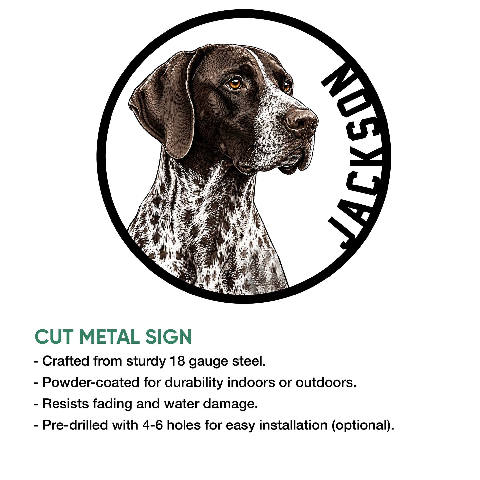 German Shorthaired Pointer metal sign shown with product feature information
