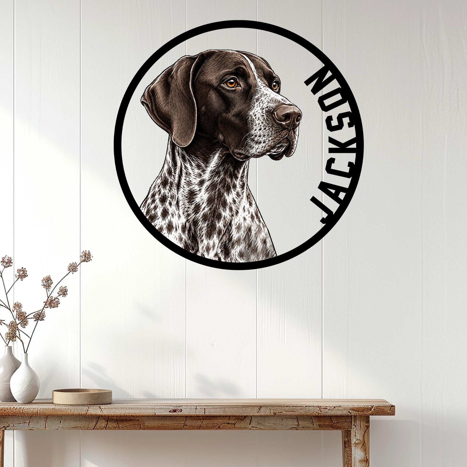 German Shorthaired Pointer wall sign displayed above a console table in a bright entryway