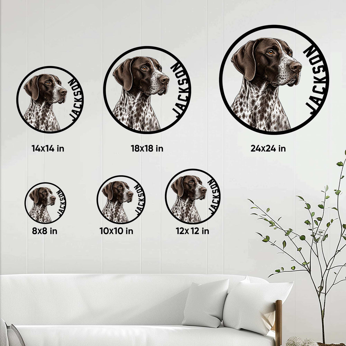 German Shorthaired Pointer metal sign size guide showing six available square sizes