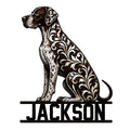 Ornate German Shorthaired Pointer metal sign featuring a seated spotted dog and scrolling floral filigree