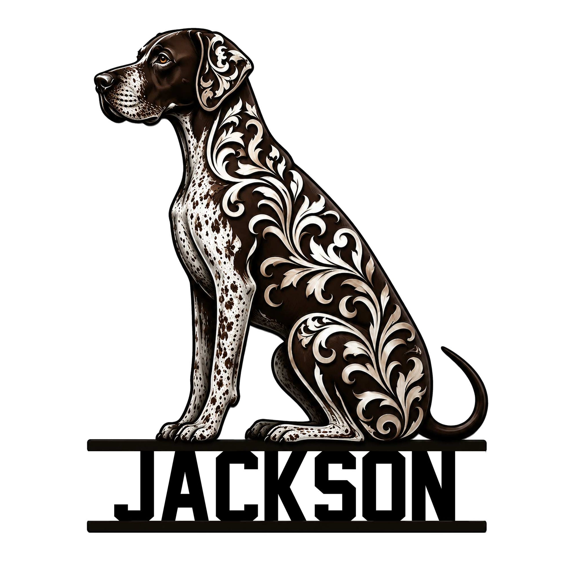 Ornate German Shorthaired Pointer metal sign featuring a seated spotted dog and scrolling floral filigree