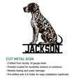 German Shorthaired Pointer cut metal sign displayed with product feature information for indoor or outdoor decor