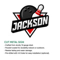 Cut metal bowling sign displayed with a black ball, red bowling pin, and classic athletic-style graphic