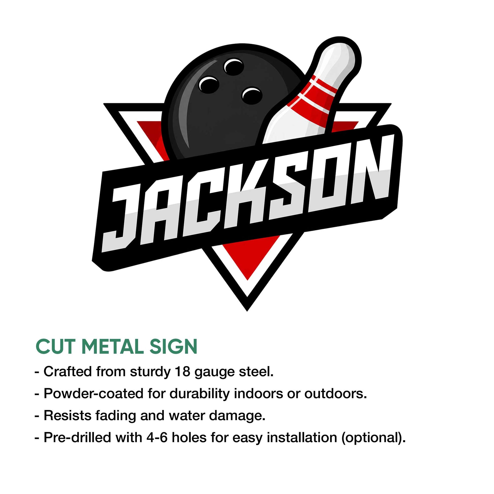 Cut metal bowling sign displayed with a black ball, red bowling pin, and classic athletic-style graphic