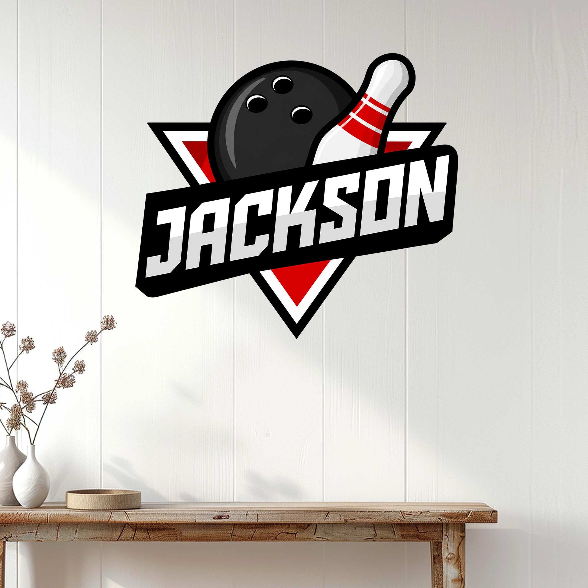 Bowling wall decor shown on white paneling above a console table in a bright home interior
