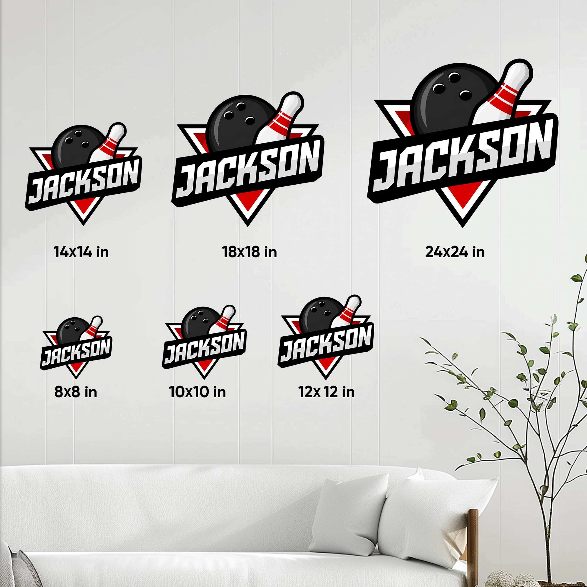 Bowling metal sign size guide showing six available square size options for wall display