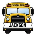 Front-facing yellow school bus metal sign with bold black grille, headlights, mirrors, and banner design