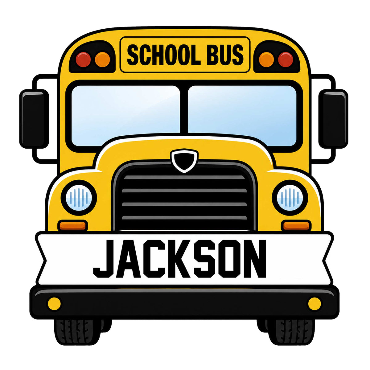 Front-facing yellow school bus metal sign with bold black grille, headlights, mirrors, and banner design