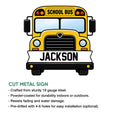 School bus metal sign shown with a front-facing vehicle graphic and product feature information
