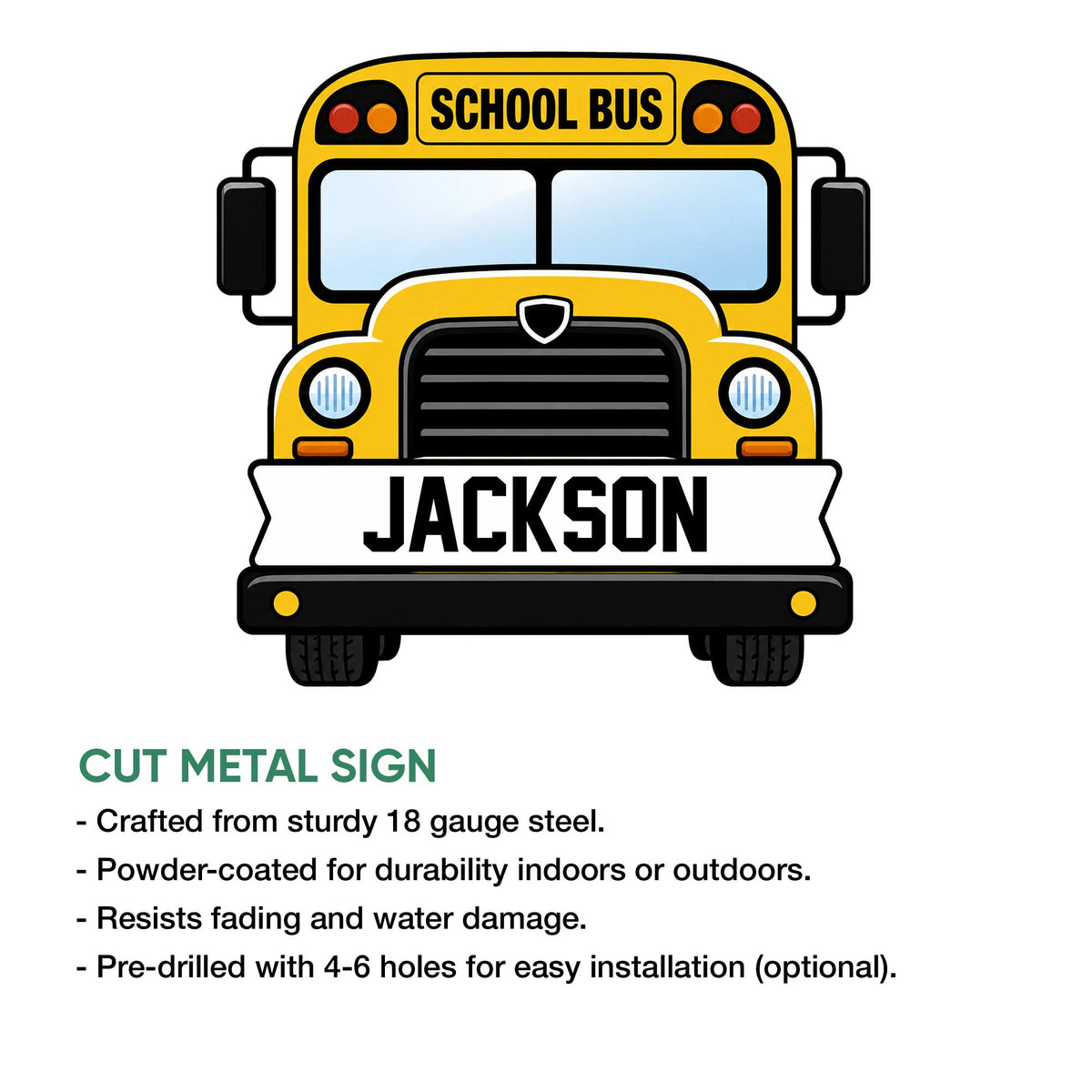 School bus metal sign shown with a front-facing vehicle graphic and product feature information