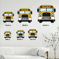 School bus metal sign size guide showing 8x8, 10x10, 12x12, 14x14, 18x18, and 24x24 inch options