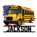 Custom school bus metal sign featuring a bright yellow bus with an American flag backdrop