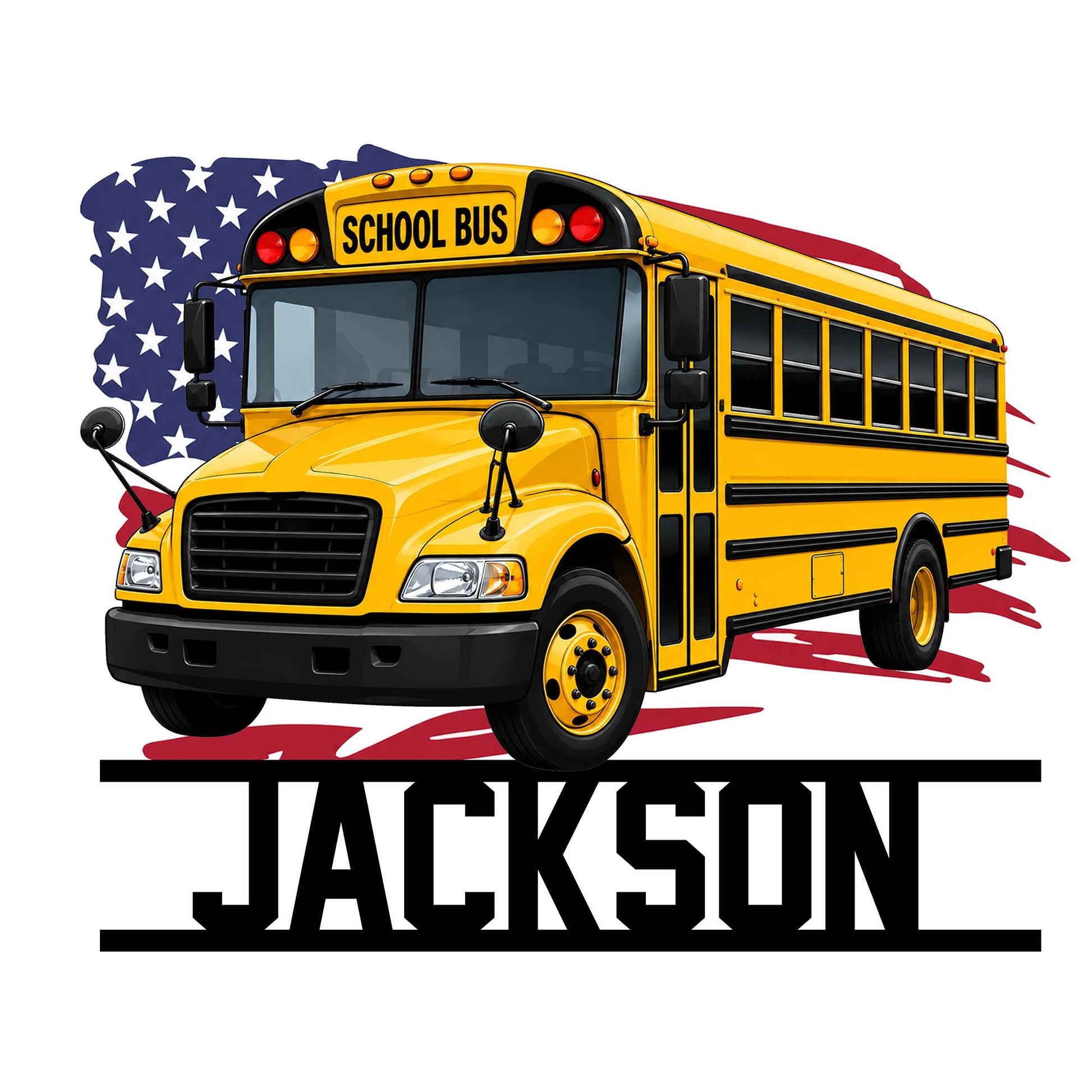 Custom school bus metal sign featuring a bright yellow bus with an American flag backdrop
