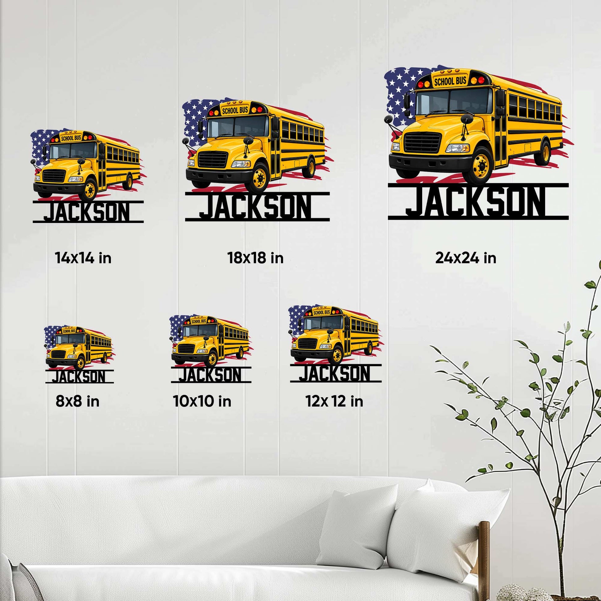 School bus metal sign size guide showing available square sizes from 8 by 8 to 24 by 24 inches
