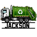 Custom garbage truck metal sign featuring a bright green recycling truck and bold personalized-style lettering