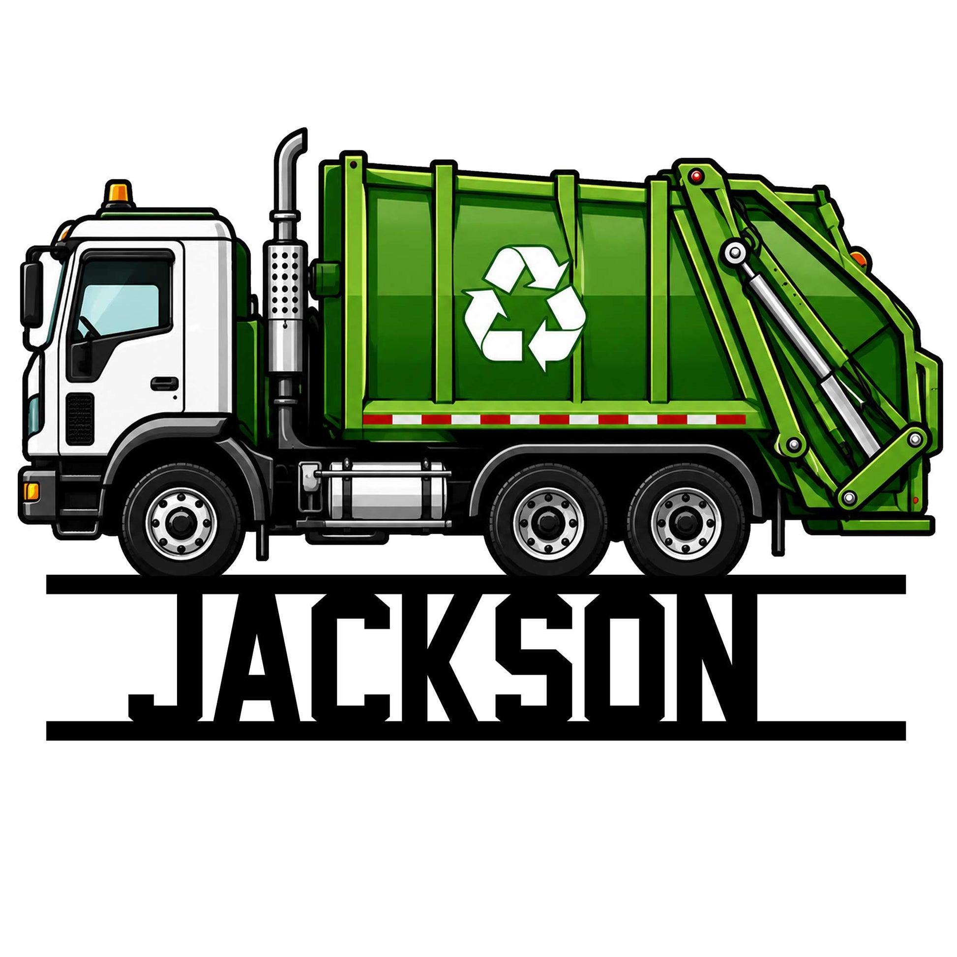 Custom garbage truck metal sign featuring a bright green recycling truck and bold personalized-style lettering