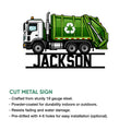 Garbage truck metal sign shown with cut steel sign features and an illustrated green recycling truck design
