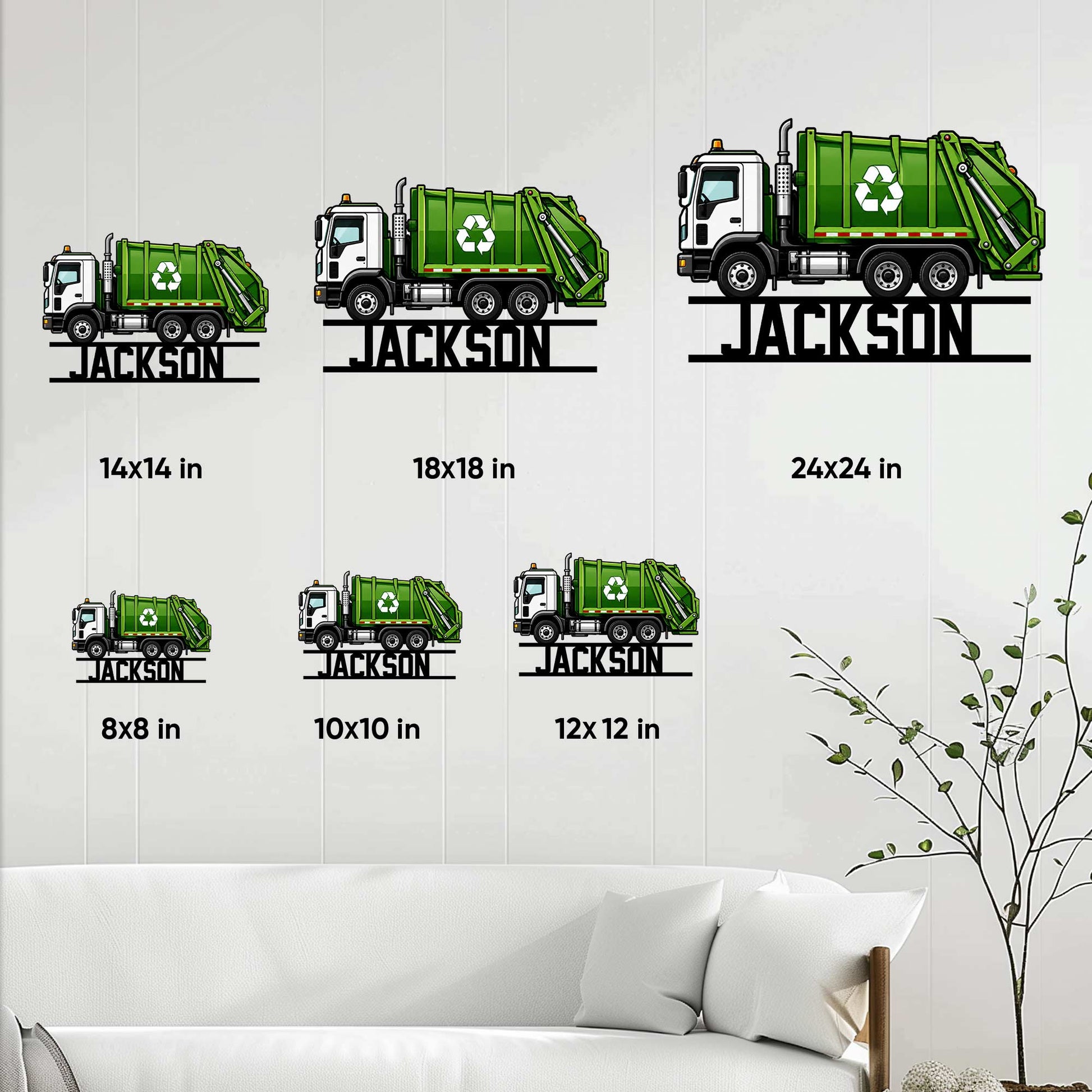 Garbage truck metal sign size guide showing available square sizes from 8x8 to 24x24 inches