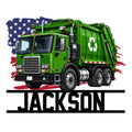 Custom garbage truck metal sign featuring a bold green refuse truck, recycling emblem, and patriotic flag design