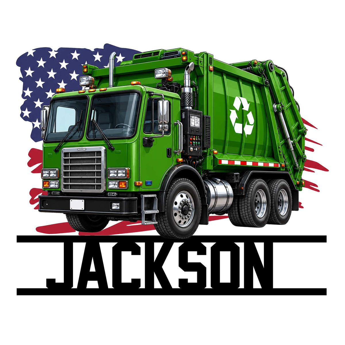 Custom garbage truck metal sign featuring a bold green refuse truck, recycling emblem, and patriotic flag design