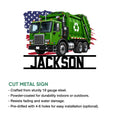 Green garbage truck metal sign shown with product feature details and a bold patriotic recycling design