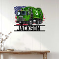 Garbage truck wall sign displayed in a bright home interior above a rustic console table