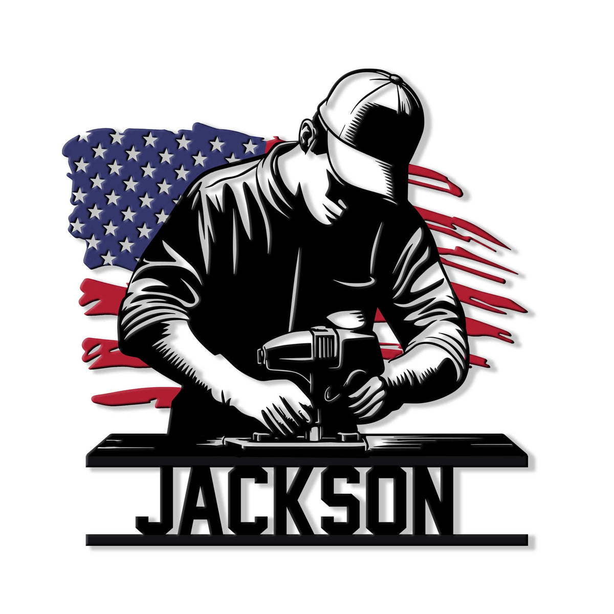 Carpenter metal sign featuring a woodworker using a power tool against a patriotic flag backdrop