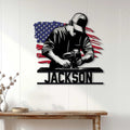 Patriotic carpenter metal sign displayed on a white paneled wall above a rustic wood console