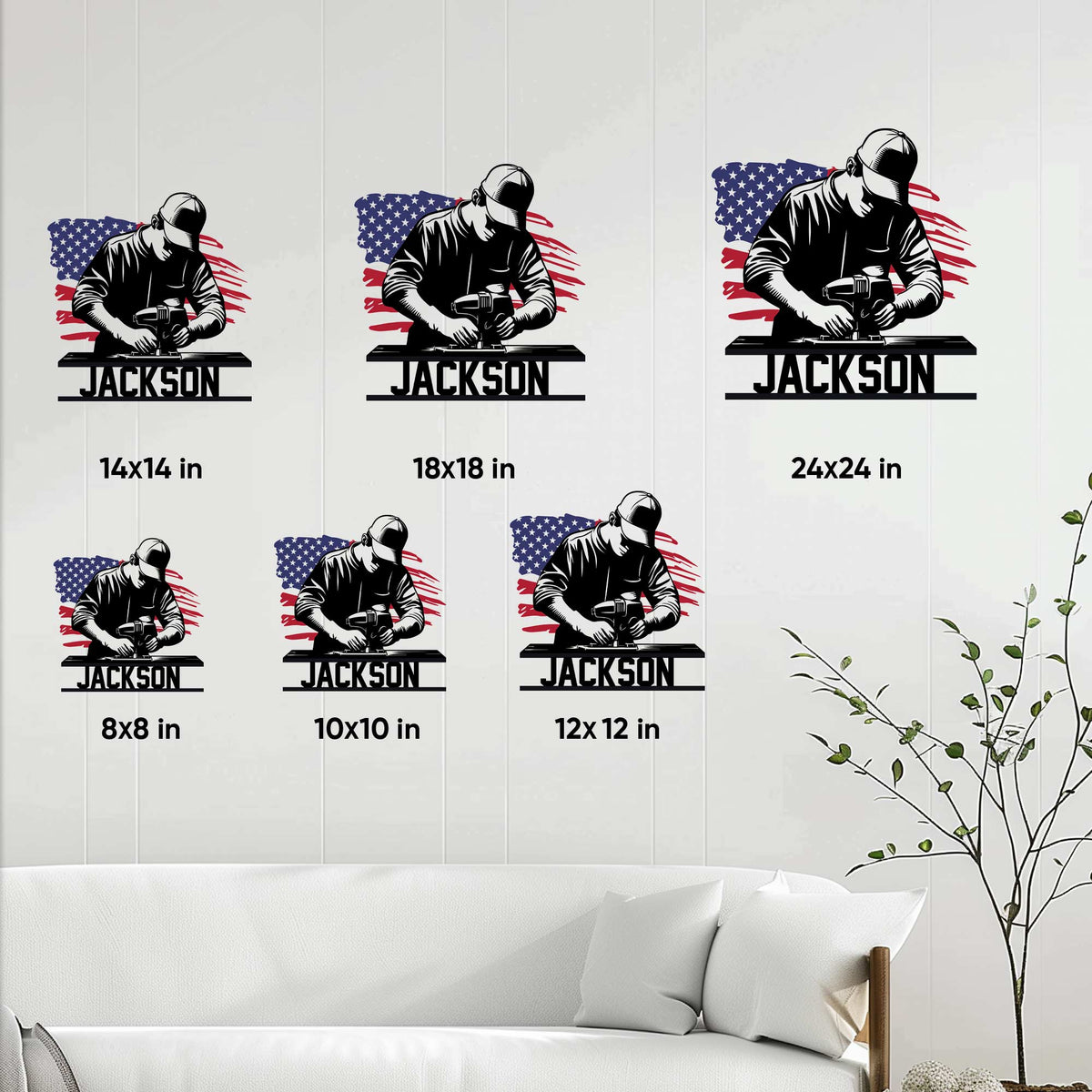 Carpenter metal sign size guide showing 8 to 24 inch options in a bright living room setting