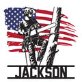 Custom arborist metal sign featuring a tree climber using a chainsaw against an American flag backdrop