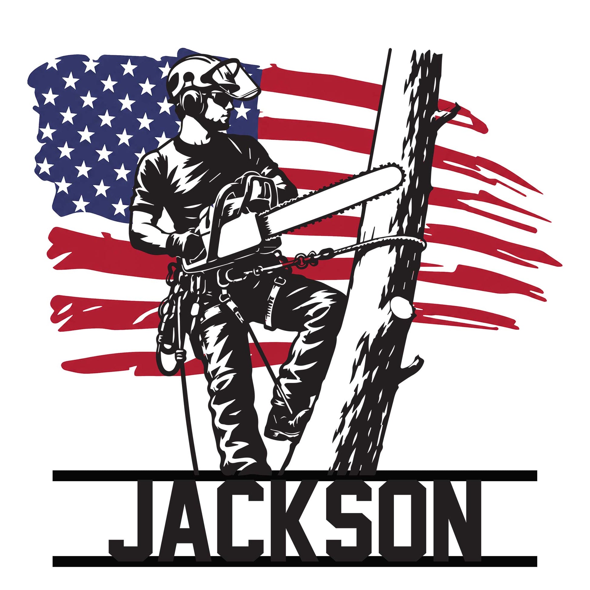 Custom arborist metal sign featuring a tree climber using a chainsaw against an American flag backdrop