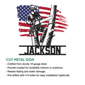 Arborist tree service metal sign shown as a cut steel design with a climber, chainsaw, and patriotic flag