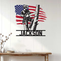 Arborist wall sign displayed in a home setting, featuring a tree climber and American flag artwork