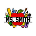 Colorful teacher metal sign featuring a red apple surrounded by pencils, ruler, paintbrush, and school supplies