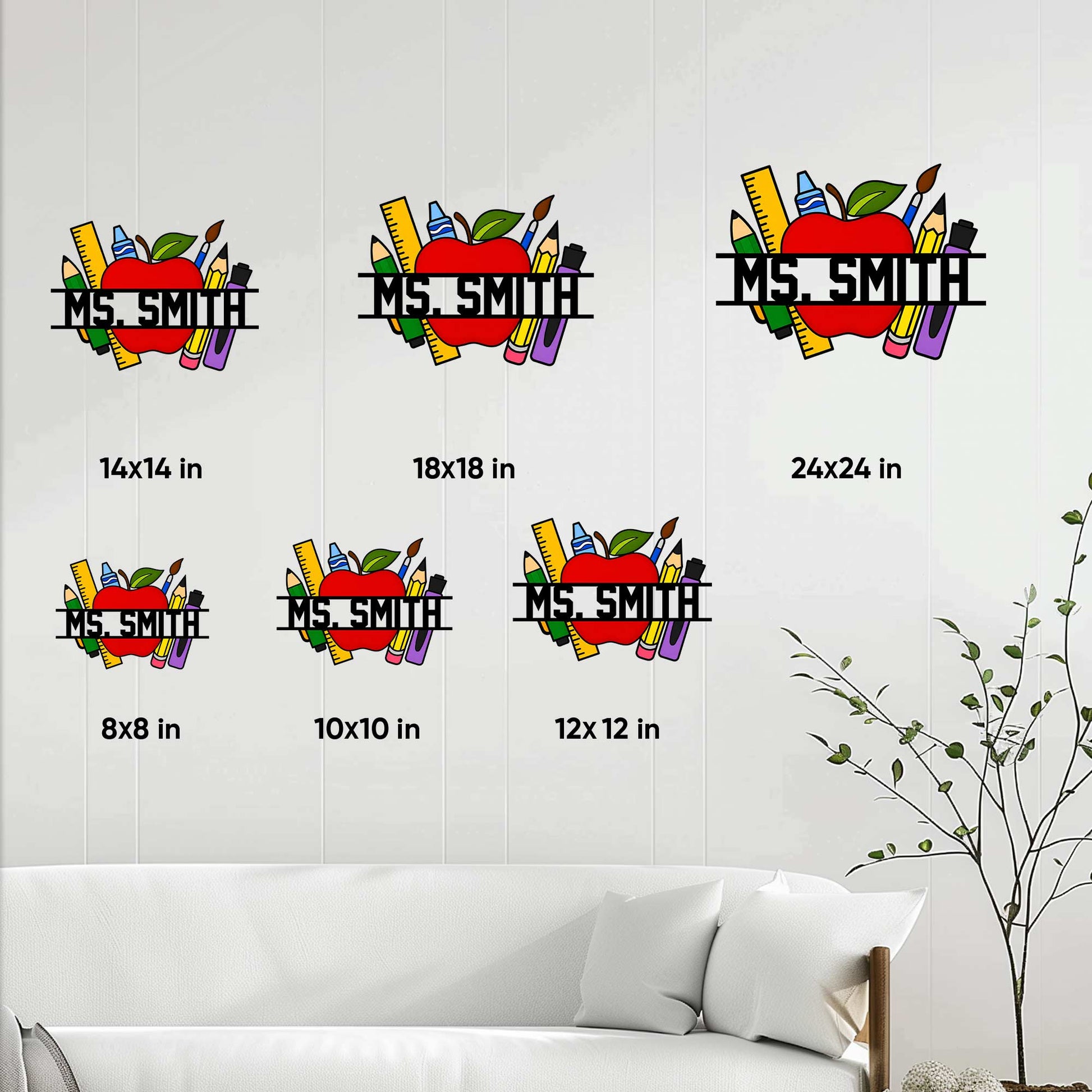 Teacher apple metal sign shown in multiple size options on a bright living room wall