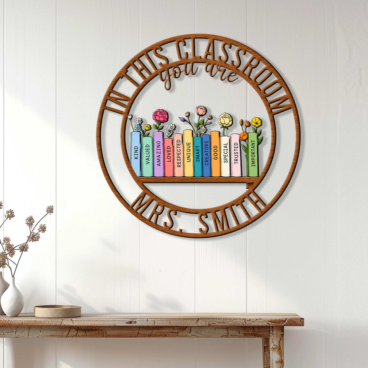 Teacher wall decor displayed on white paneling, showing colorful books and flowers in a classroom-inspired design