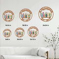 Teacher metal sign size guide showing several circular sign sizes in a bright home decor setting