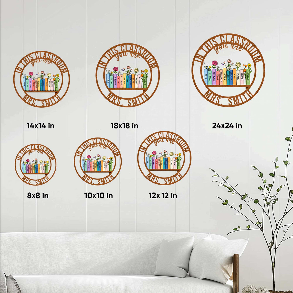 Teacher metal sign size guide showing several circular sign sizes in a bright home decor setting