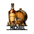 Bourbon metal sign featuring a whiskey bottle, oak barrel, tumbler with ice, and bold custom display design