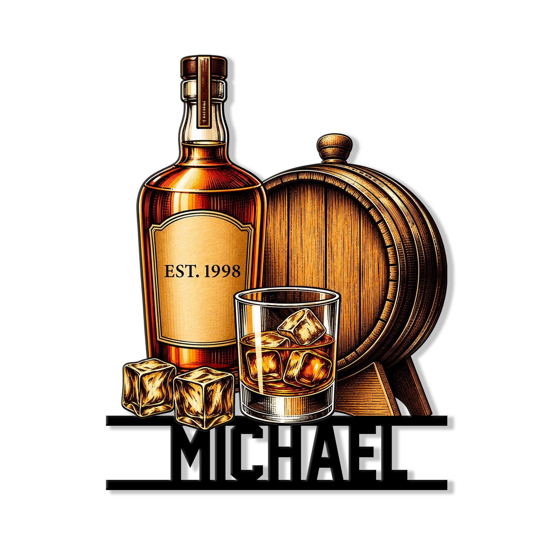 Bourbon metal sign featuring a whiskey bottle, oak barrel, tumbler with ice, and bold custom display design