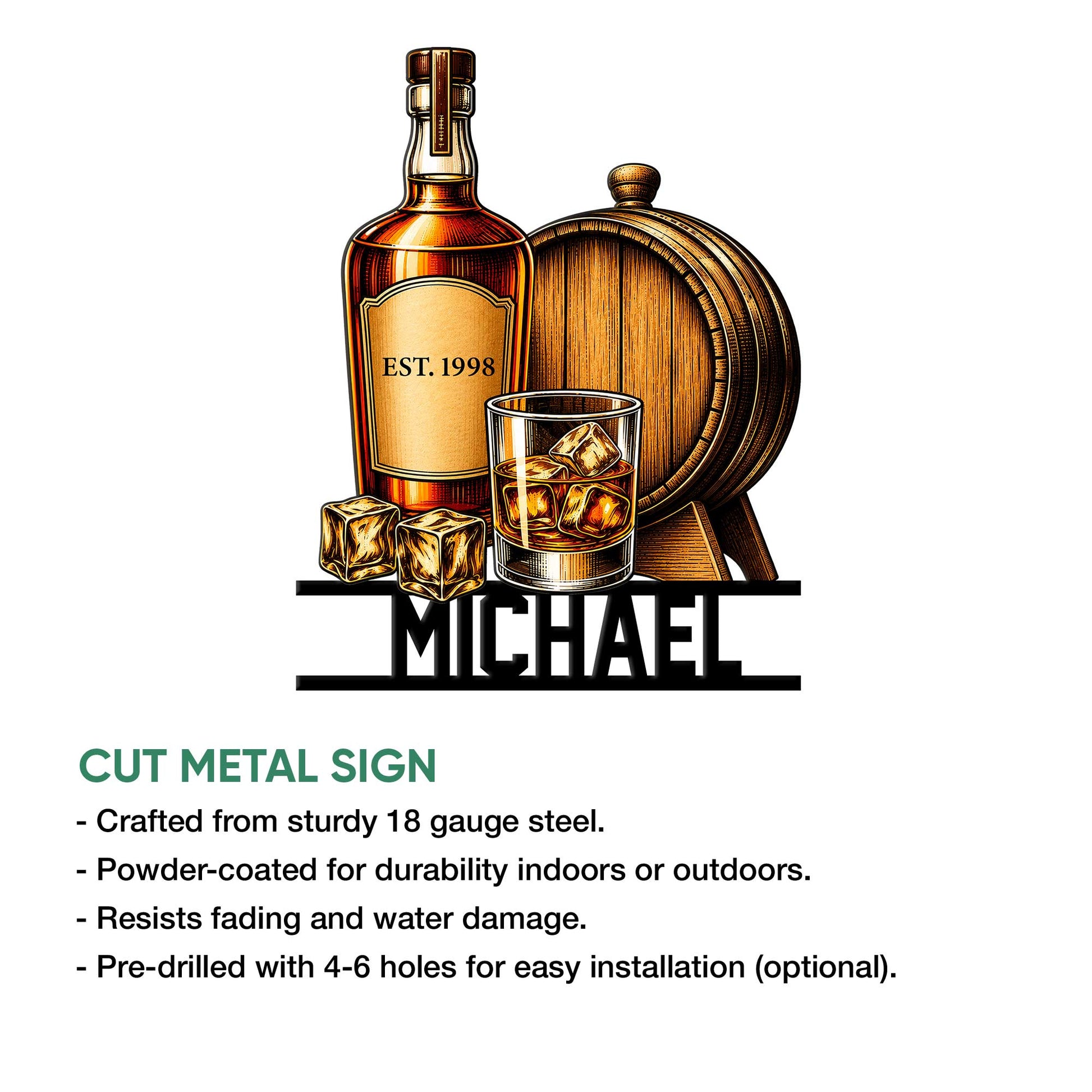 Bourbon whiskey metal sign shown with a bottle, barrel, rocks glass, and cut metal sign feature details