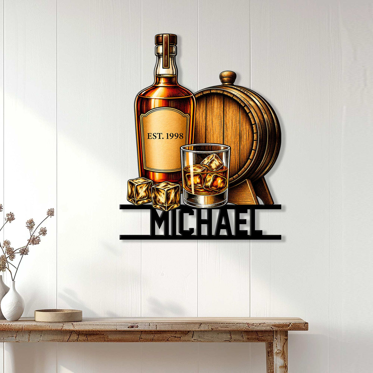 Bourbon bar wall decor displayed above a console table, featuring a whiskey bottle, barrel, glass, and ice