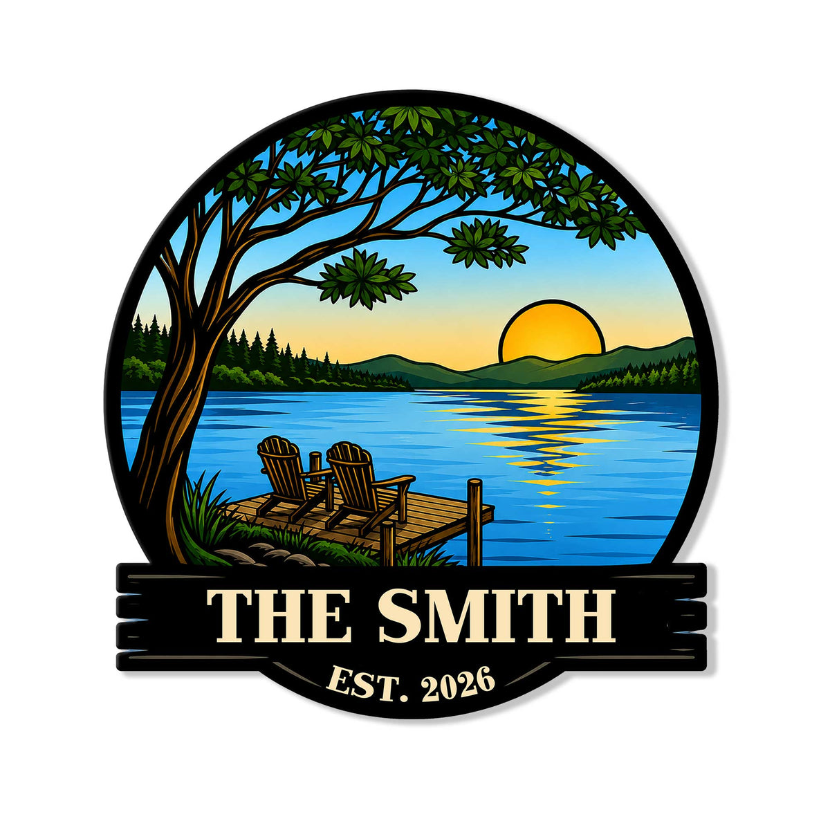 Custom lake house metal sign featuring a sunset lake, mountain horizon, leafy tree, and dock with Adirondack chairs