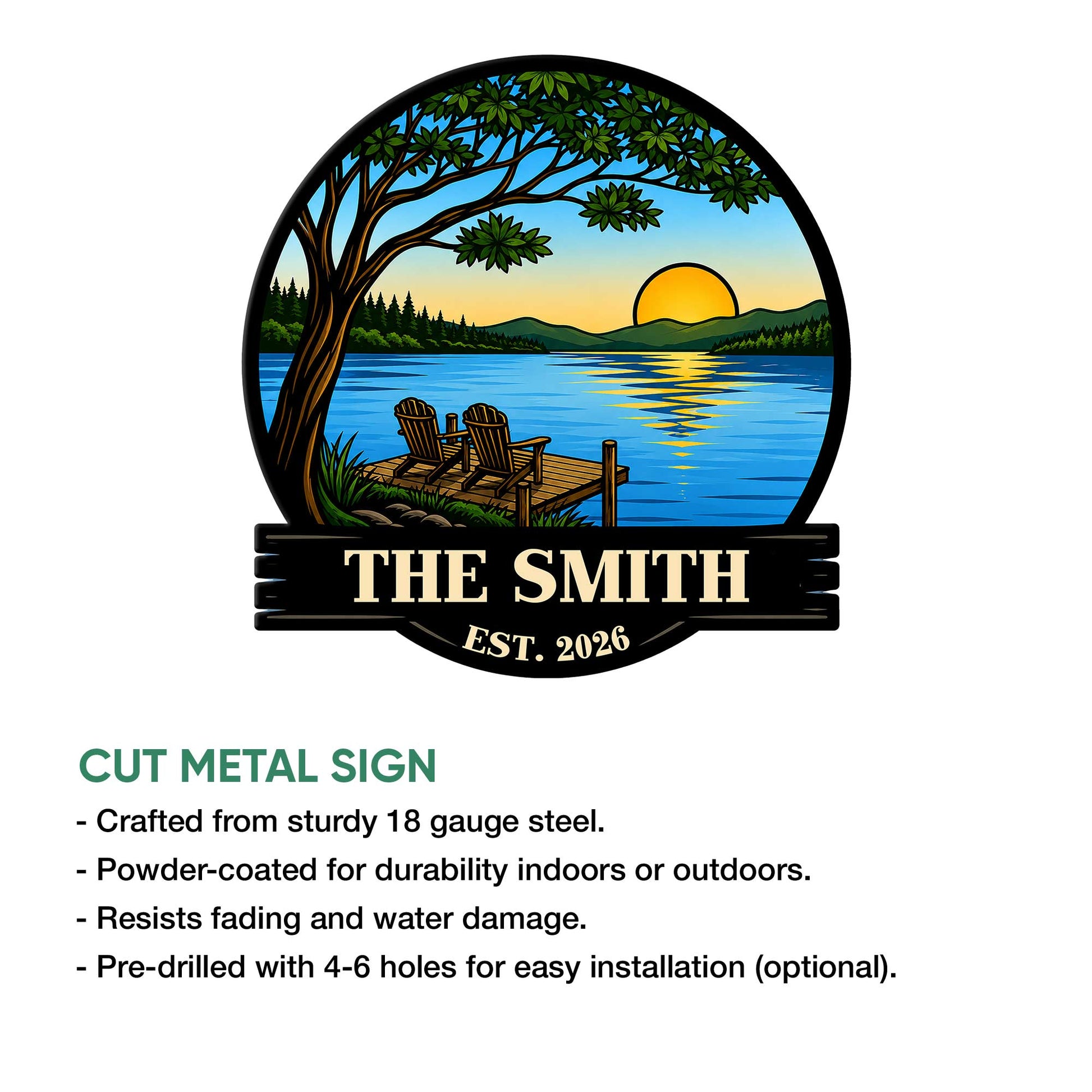 Lake house metal sign showing a colorful lakeside sunset scene with a tree, dock, water, and forested mountains