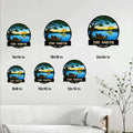 Lake house metal sign size guide showing multiple round sign dimensions in a bright living room setting