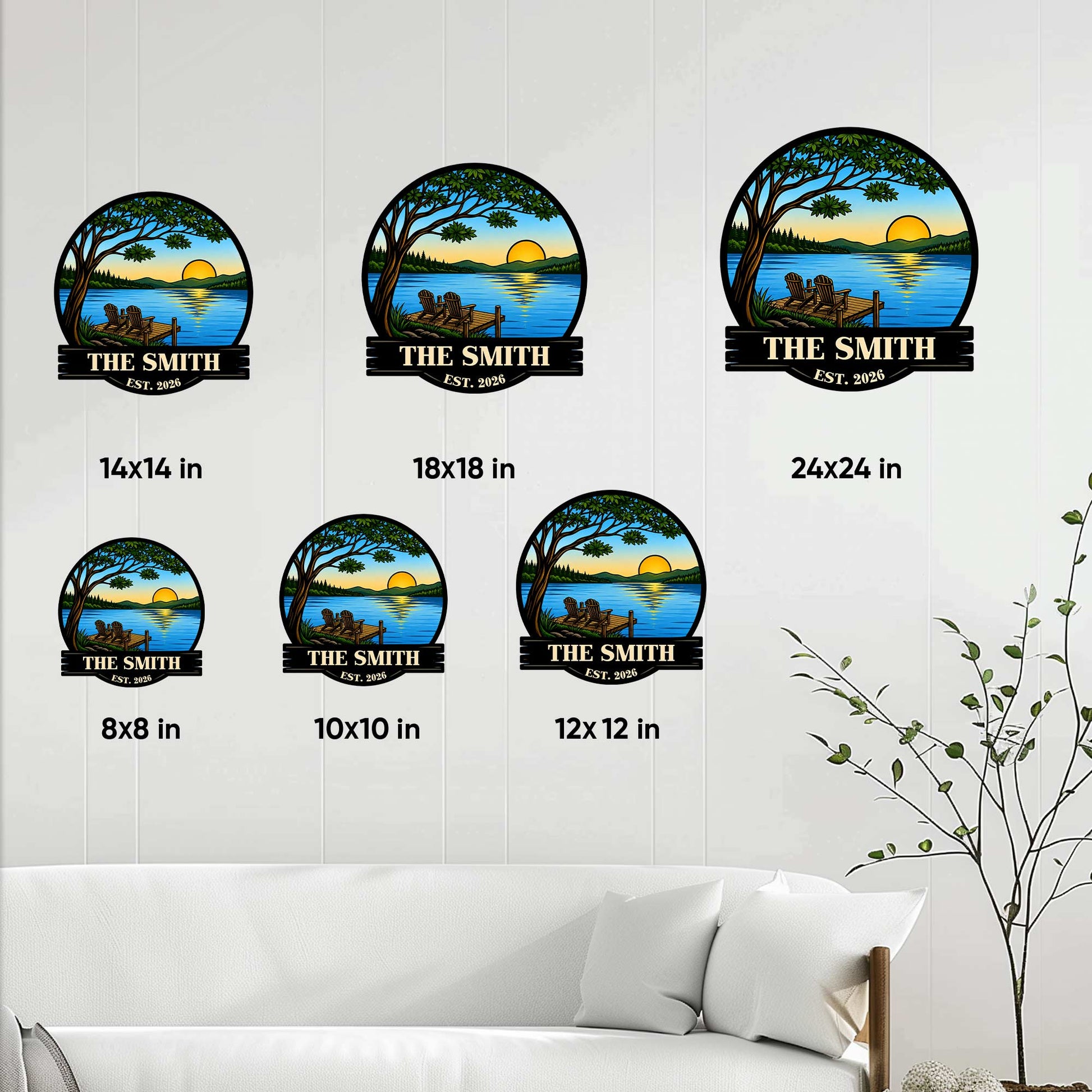 Lake house metal sign size guide showing multiple round sign dimensions in a bright living room setting