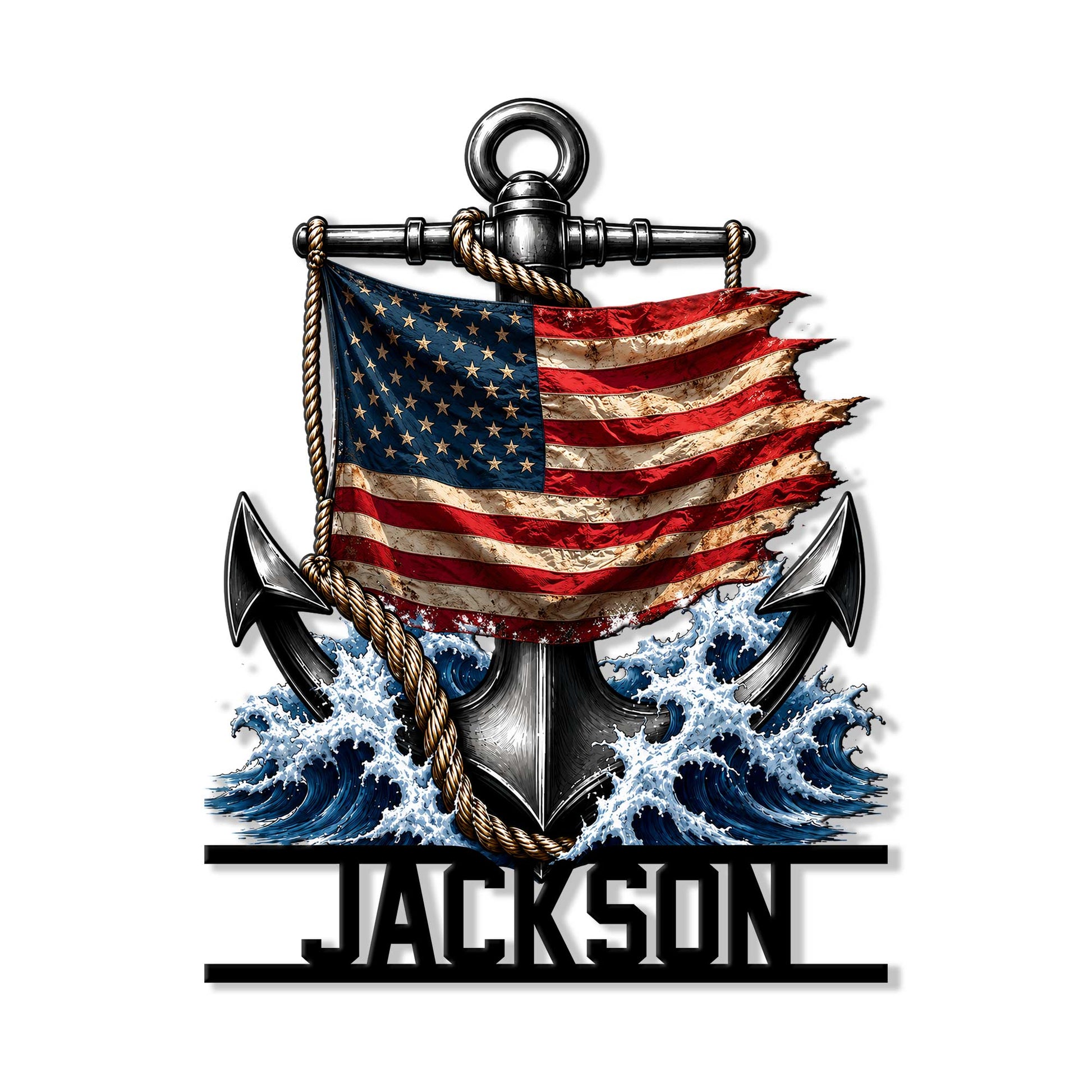 Patriotic anchor metal sign with a distressed American flag, ocean waves, rope detail, and bold nautical wall decor styling