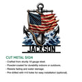 Patriotic anchor metal sign featuring a weathered American flag and ocean waves in a bold nautical design