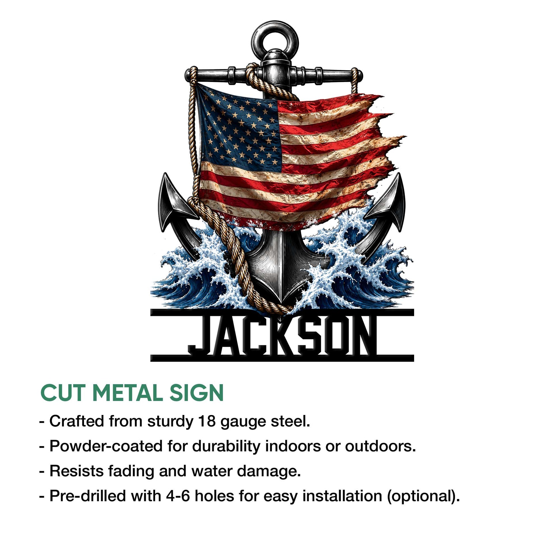 Patriotic anchor metal sign featuring a weathered American flag and ocean waves in a bold nautical design
