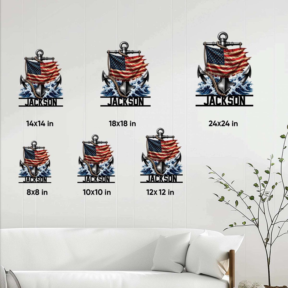 Nautical anchor metal sign size guide showing available 8x8, 10x10, 12x12, 14x14, 18x18, and 24x24 inch options
